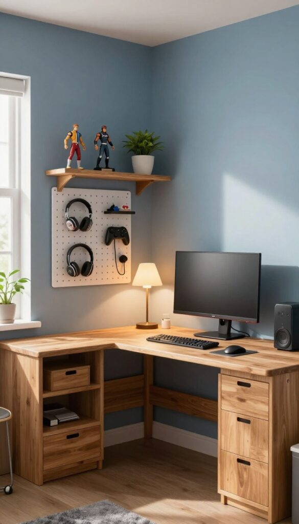 Corner desk with floating shelves and pegboard in a boy's gaming bedroom