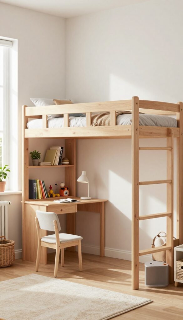 Loft bed with built-in desk and shelves in a small kids' bedroom