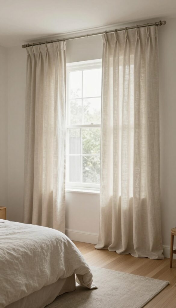 Guest bedroom with curtains hung high and wide to make the room feel taller and wider