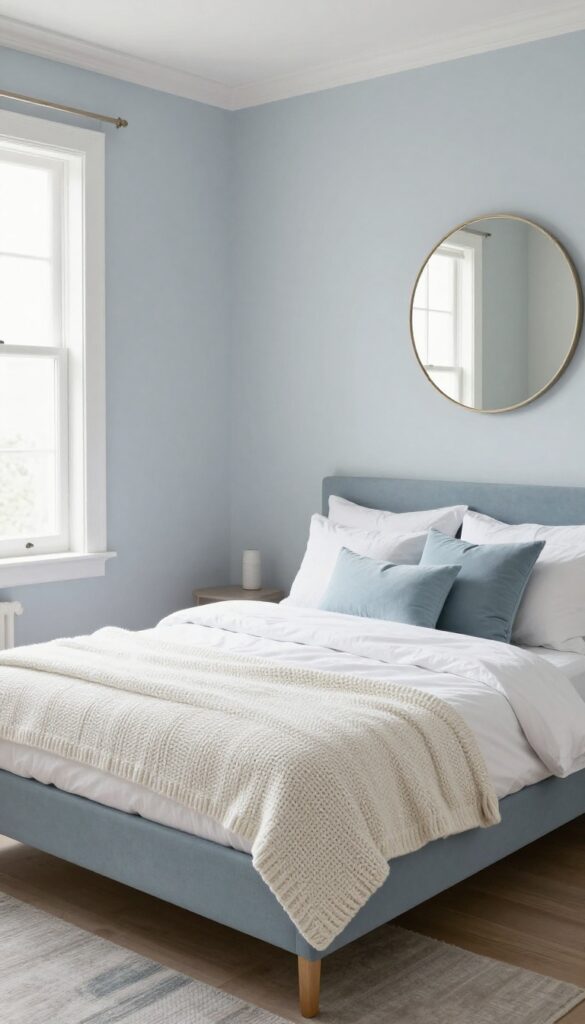Small bedroom with pale blue-gray walls and under-bed drawers