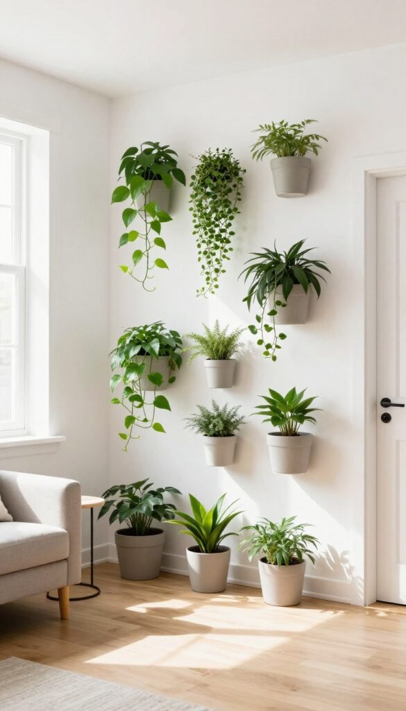 Vertical garden in a small apartment living room with trailing plants in neutral pots on a white wall, natural light, open feel.