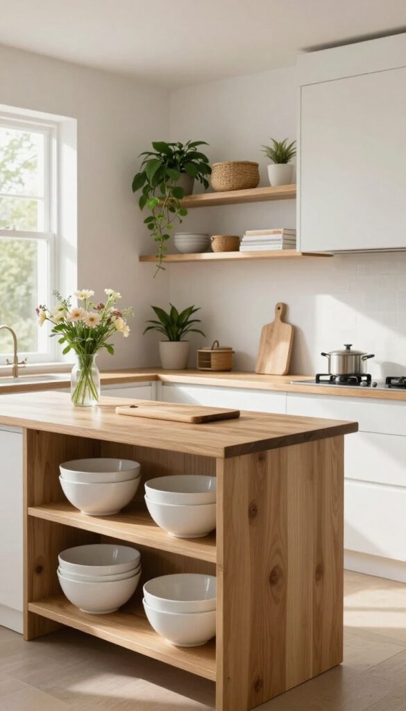 A kitchen island with open shelving displaying ceramic bowls, plants, and cookbooks in a bright, airy kitchen.