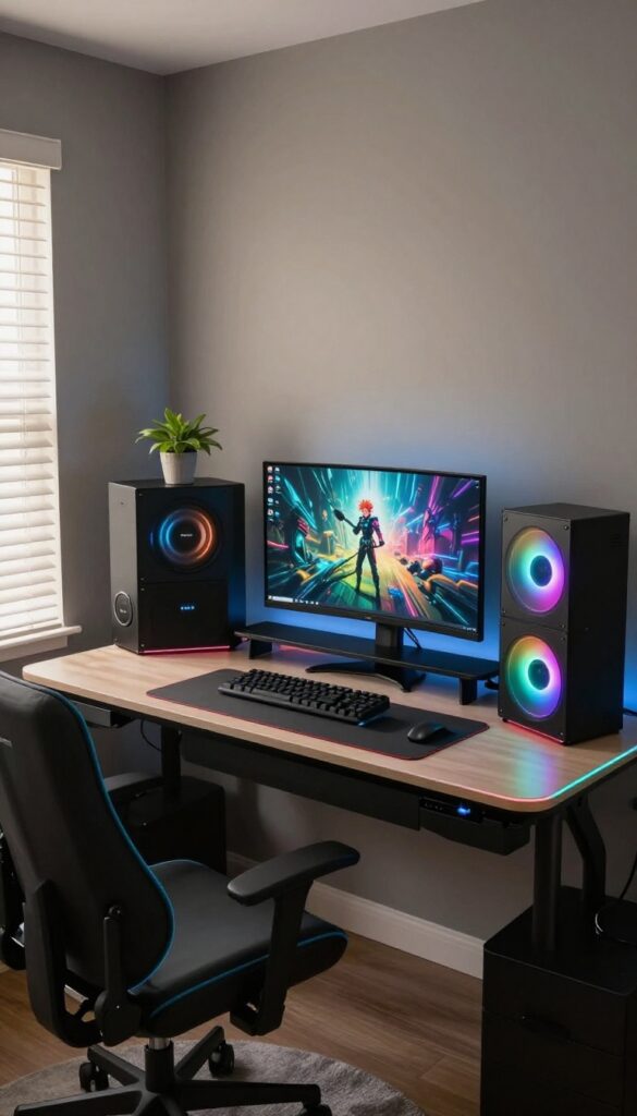 Gaming desk with RGB edge lighting in a boy's bedroom, featuring a monitor riser with a plant and wireless charger, soft glow, dark walls, natural light.