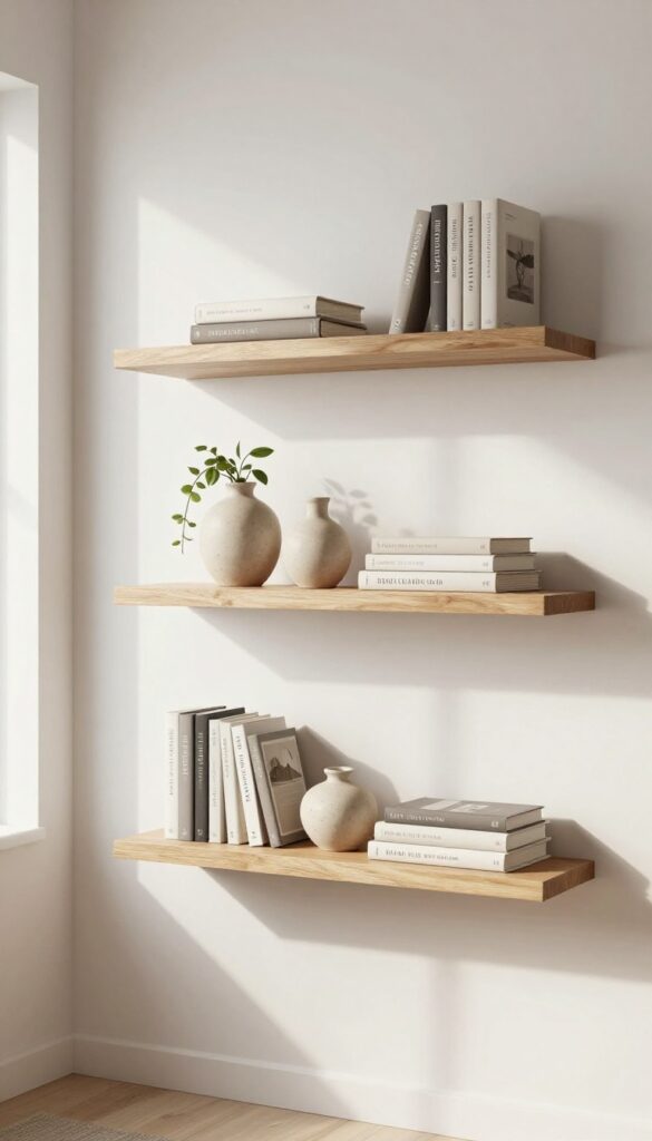 Two floating shelves with books, a ceramic vase, and a trailing plant in a bright, minimalist living room.