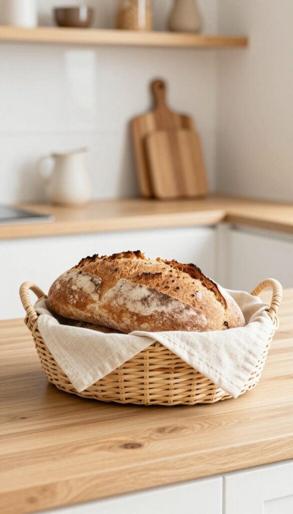 Woven bread basket with linen liner on kitchen counter with bread