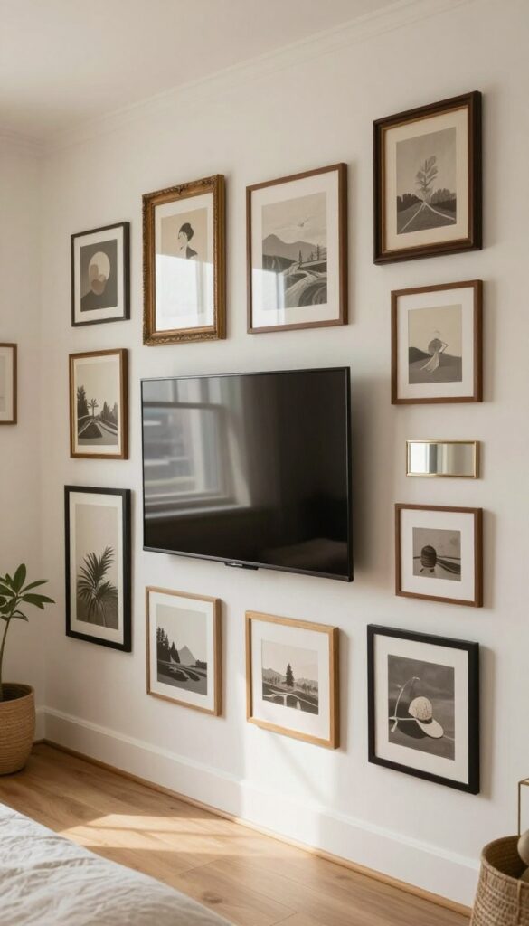 Cozy bedroom gallery wall with TV blended among art and mirrors
