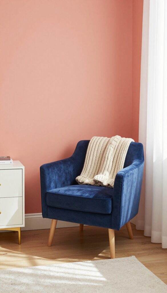 Muted coral walls with navy blue accents in a bright, airy teenage girl's bedroom featuring a navy velvet chair, white curtains, and brass hardware.