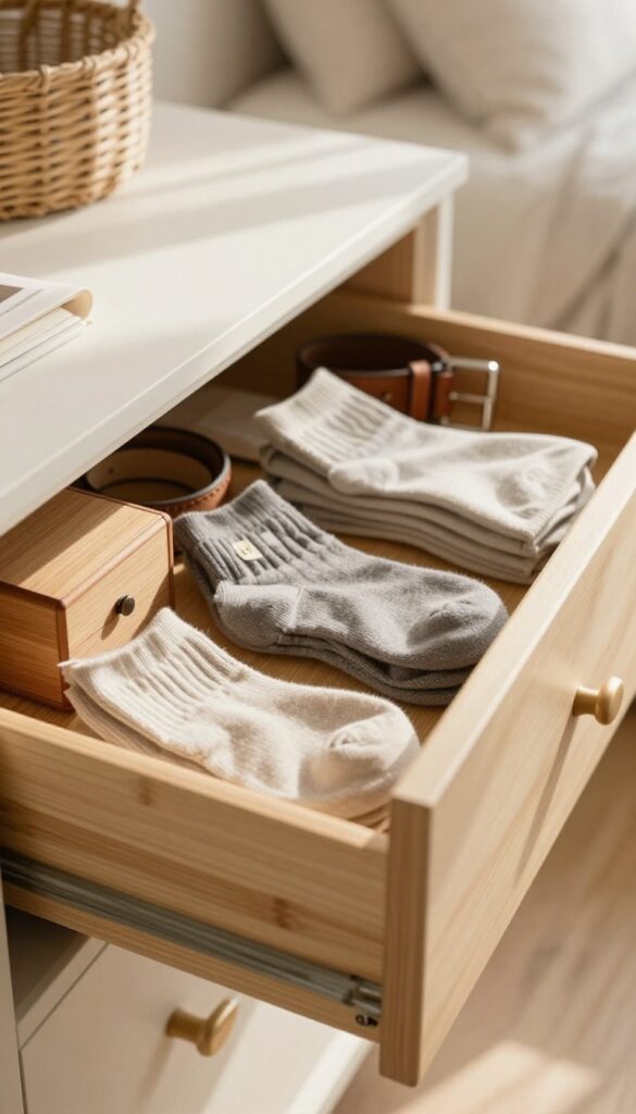 Organized deep dresser drawer with bamboo dividers and neatly folded socks and accessories