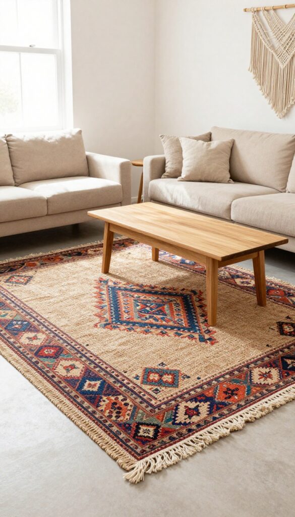 Layered jute and patterned rugs in a small boho living room