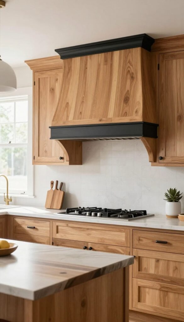 Wooden range hood with black trim in a bright kitchen with light cabinets and butcher block island