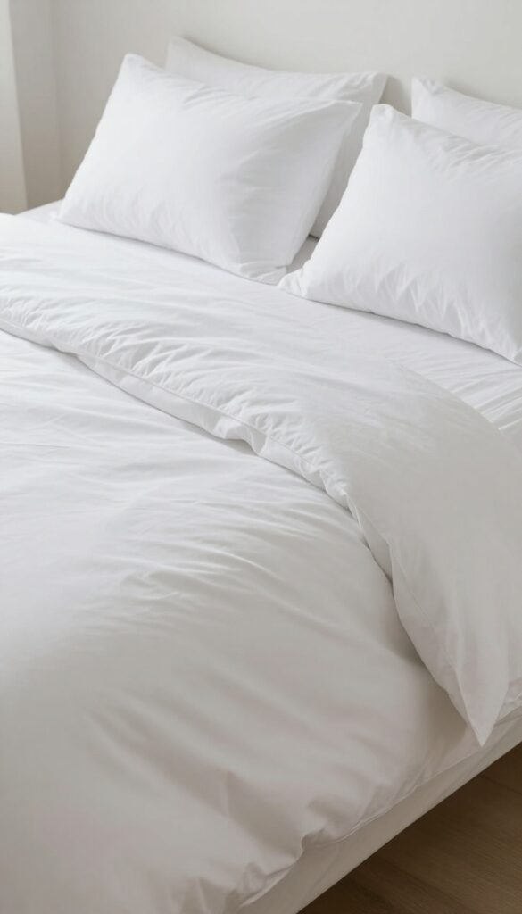Layered white bedding on a small guest bed with folded throw and pillows, hotel-style comfort.