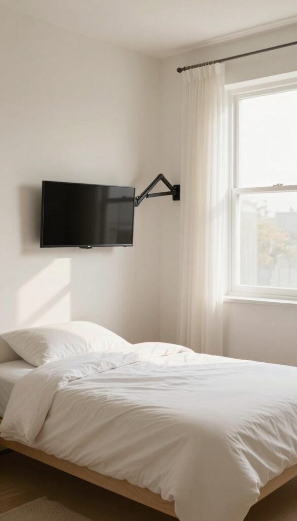 Small bedroom with corner-mounted TV on swivel arm, angled toward bed, bright natural light, cozy and lived-in feel.
