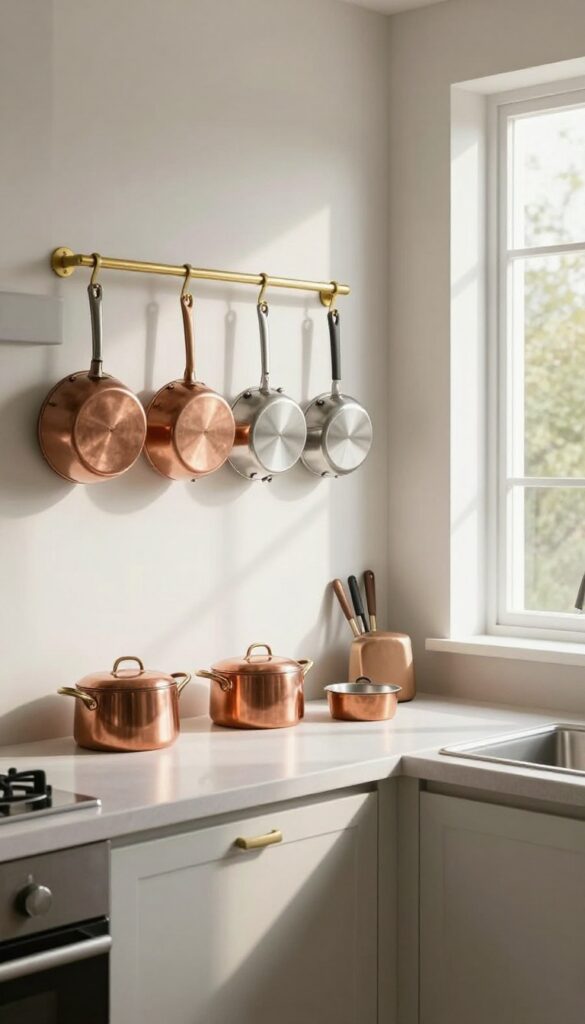 Wall-mounted pot rack with copper and cast iron cookware in a bright kitchen