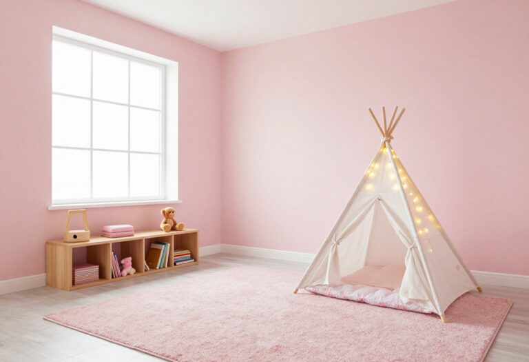 Cozy toddler girl bedroom with teepee tent and fairy lights