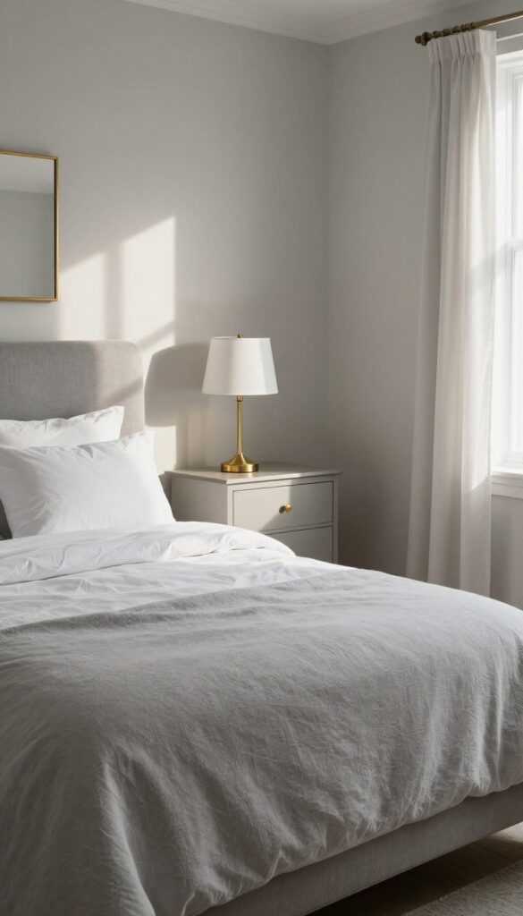 Cozy grey and white bedroom with brass metallic accents including a mirror, lamp, and drawer pulls, bathed in natural light.
