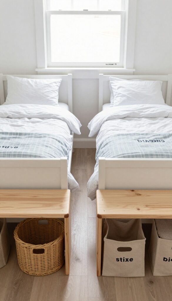 Shared children's bedroom with twin beds and storage benches at the foot of each bed, with baskets and bins underneath.