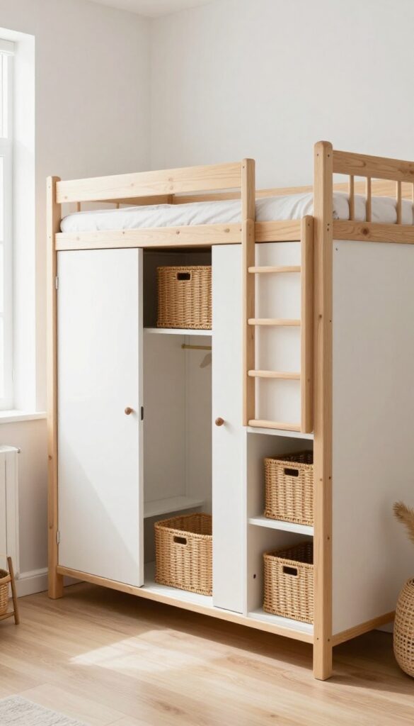 Bunk bed with built-in wardrobe in a bright children's bedroom