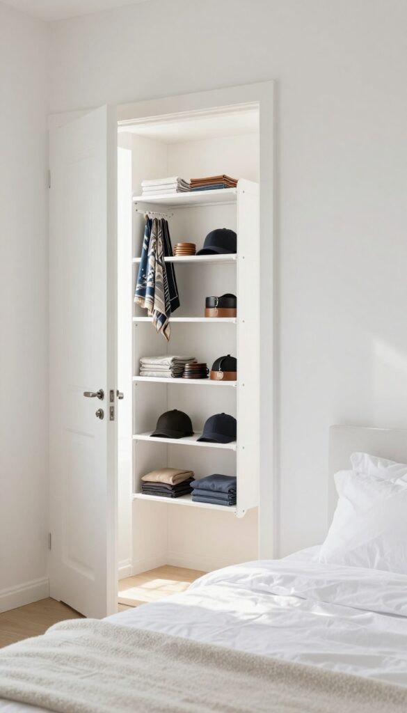 Over-the-door organizer on a bedroom door holding scarves, belts, and hats in clear pockets, bright natural light, tidy and organized.