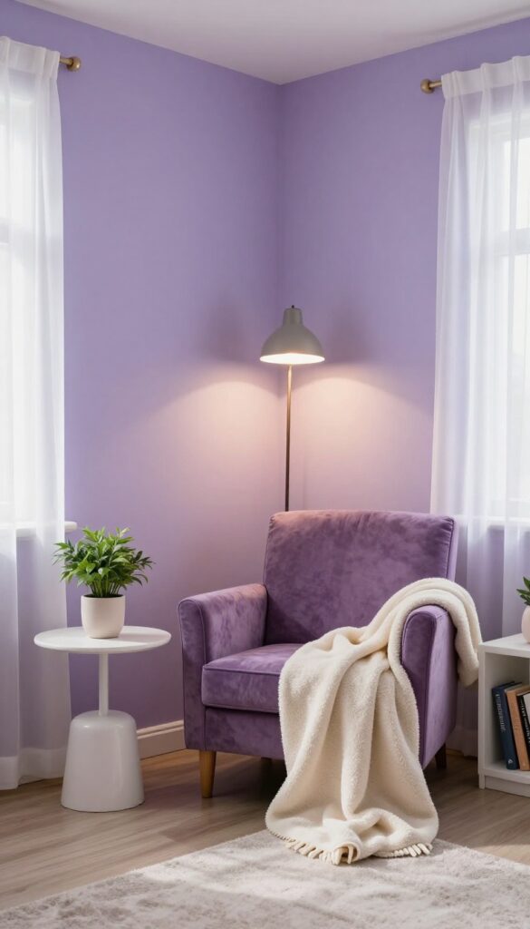 Cozy reading nook with mauve velvet armchair, floor lamp, and bookshelf in purple bedroom