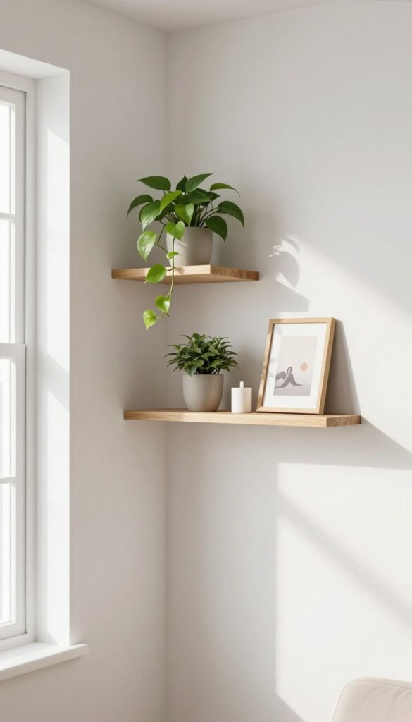 Staggered triangular corner shelves in a bright living room displaying plants, candle, sculpture, and framed photo.