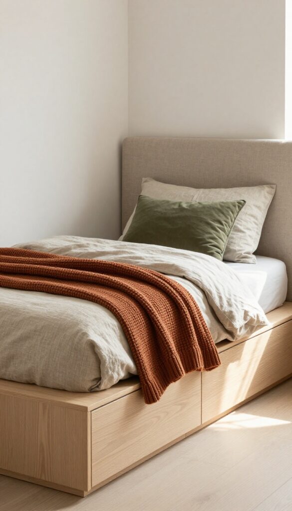 Teenage boy's bedroom with low-profile platform bed and earth-toned linens