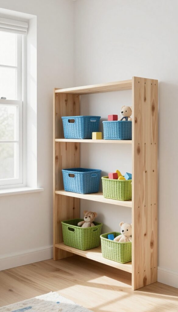 Color-coded bins on open shelving in a shared kids bedroom