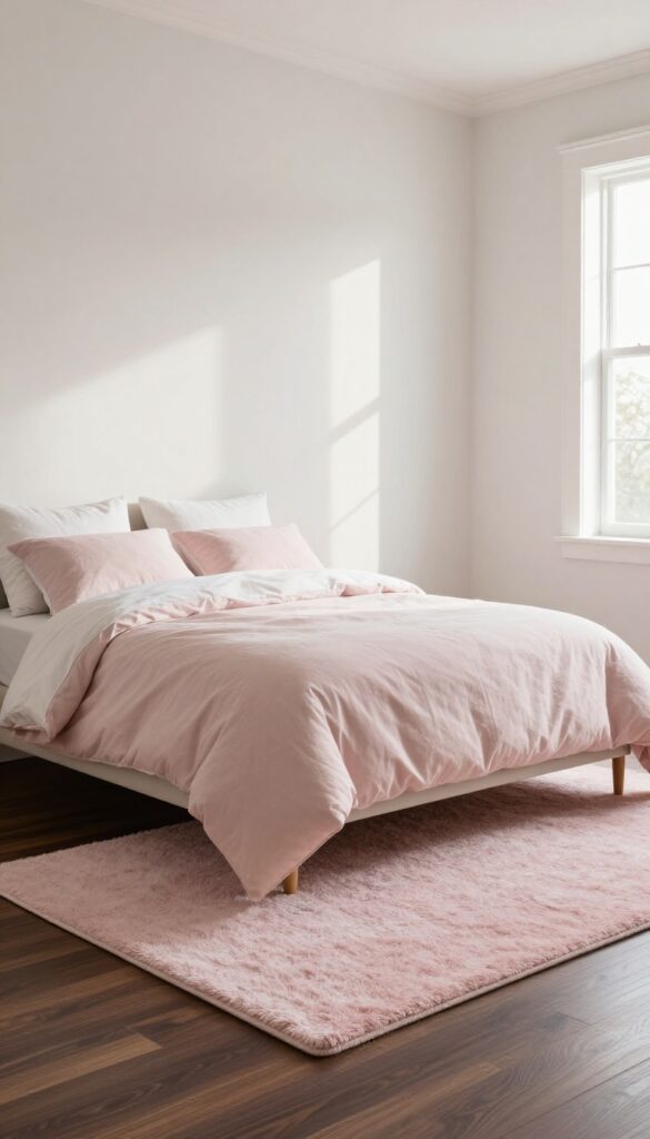 Bedroom with dark flooring and a soft pink rug under a bed, natural light, cozy atmosphere