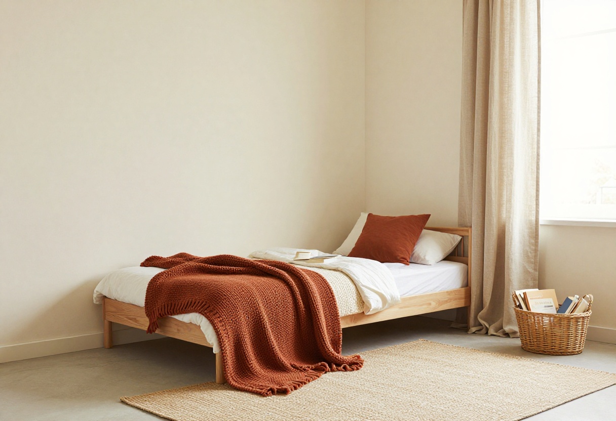 Cozy kids bedroom with warm layers, chunky knit throw, woven rug, and reading nook