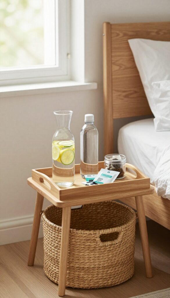 A hydration station on a guest room nightstand with a water carafe, reusable bottle, tea bags, and electrolyte packets in a seagrass basket.