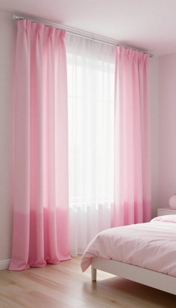 Ombre pink curtains in a bright girl's bedroom with soft pink walls and natural light