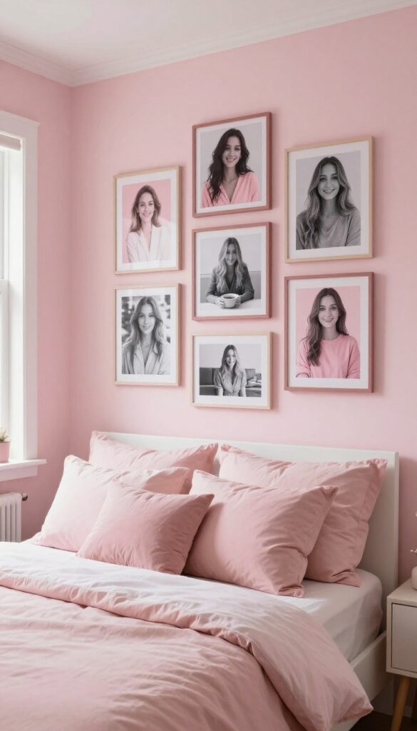 Gallery wall in a pink bedroom with personal photos in pink frames, warm and lived-in