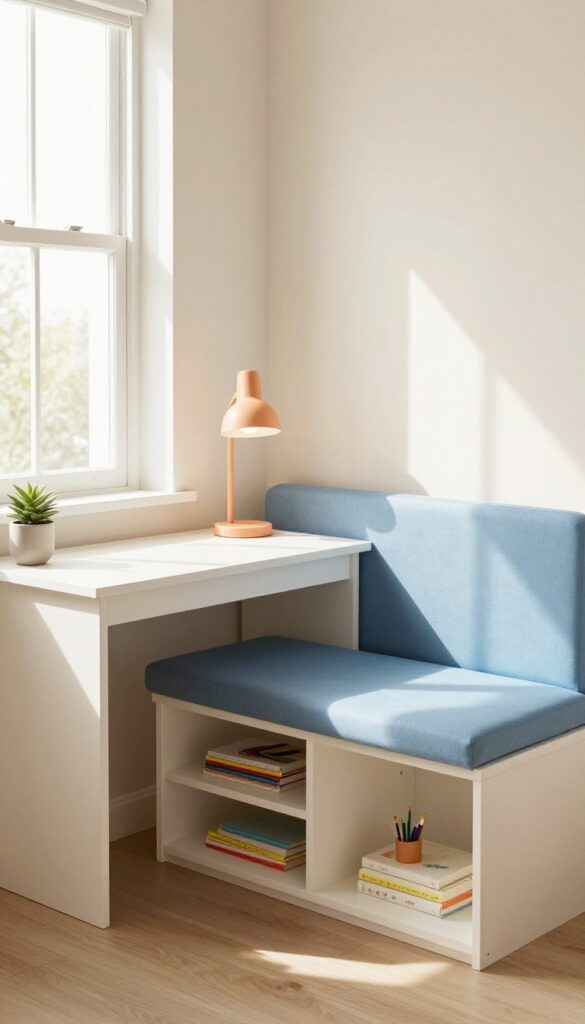 Window-side desk with built-in storage bench in a kids' bedroom, featuring natural light and organized storage baskets.
