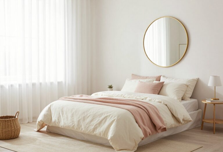 Cozy small bedroom with soft chic decor, white bed, blush pillows, round mirror, and sheer curtains