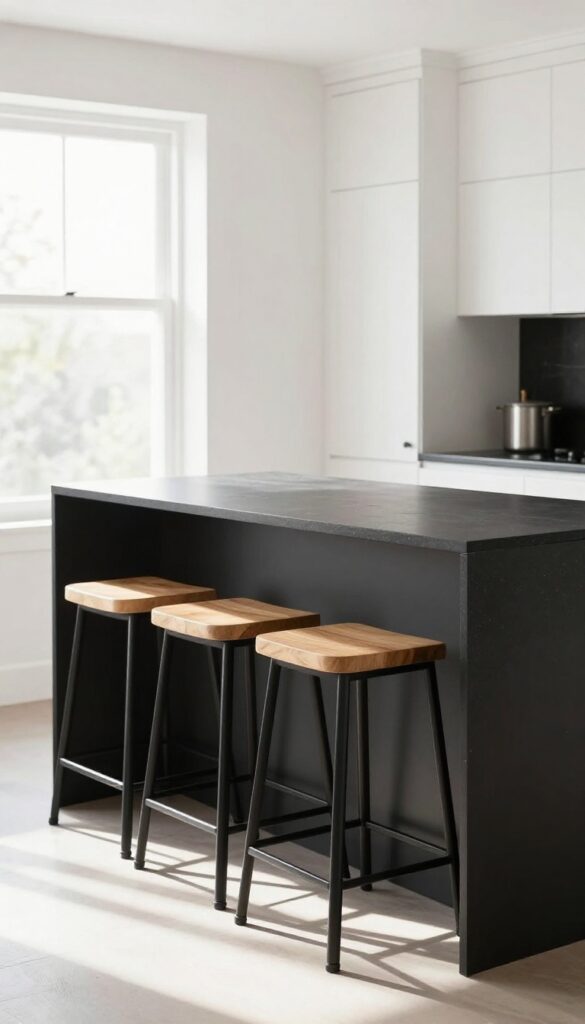 Wooden bar stools with black metal legs tucked under a black kitchen island in a bright, airy kitchen.