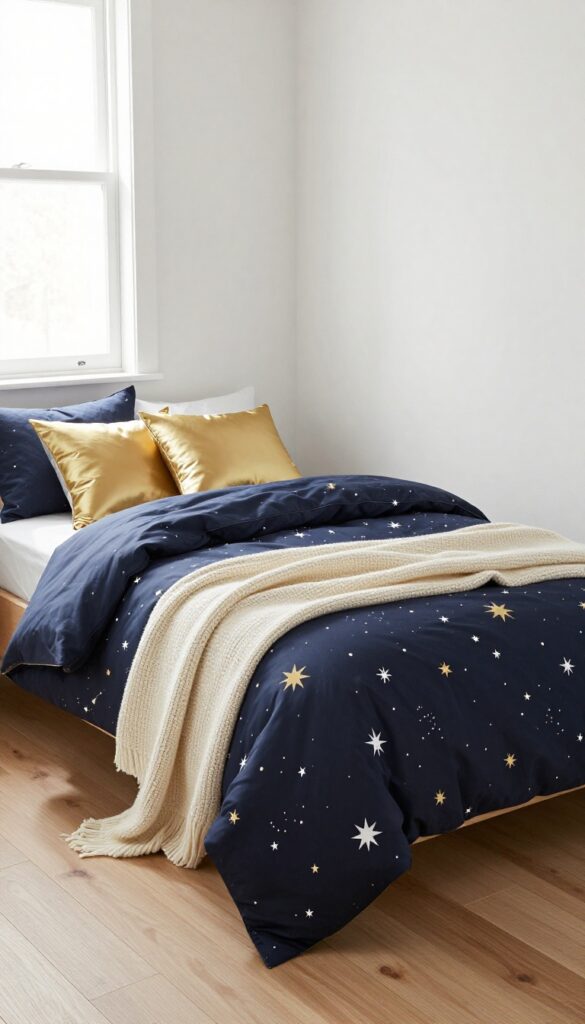 Boy's bedroom with constellation map bedding, navy sheets, cream knit throw, and gold pillows in natural light.