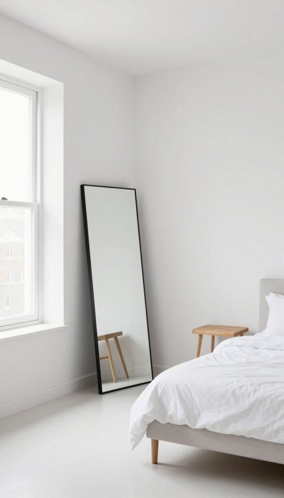 Guest bedroom with a leaning full-length mirror reflecting light and making the room feel more spacious.