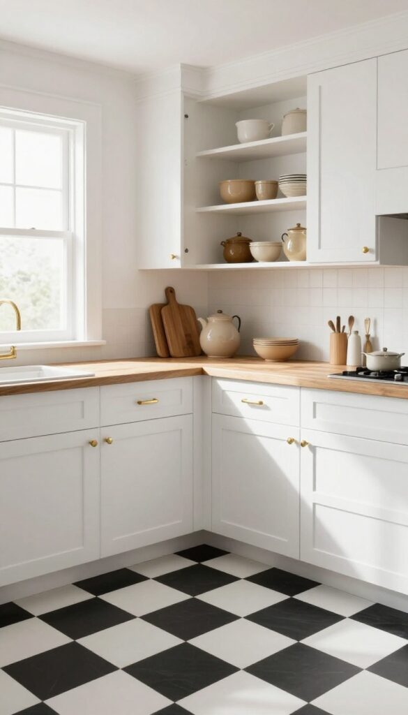 Kitchen with black and white checkerboard tile floor, white cabinets, butcher block counter, and warm natural light.