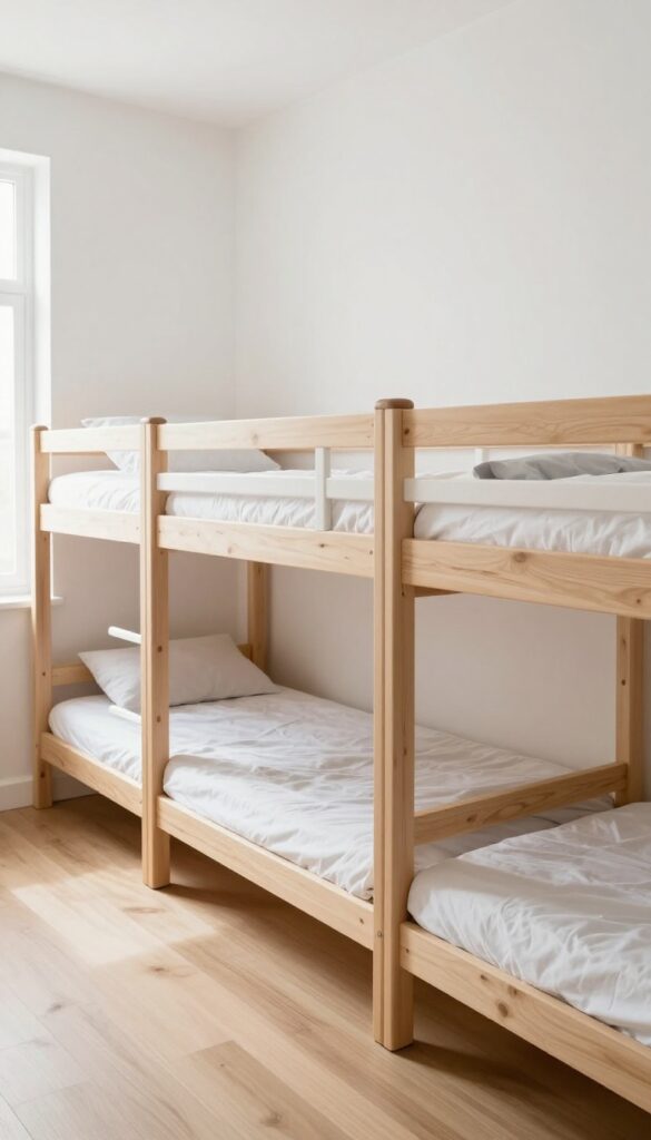 Three light-wood twin bunk beds in a row against a wall in a bright, airy children's bedroom
