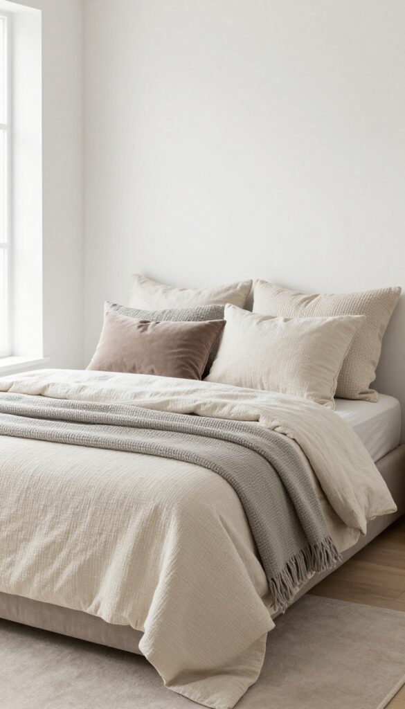 Small spare bedroom with layered bed base, neutral quilt, textured blanket, and throw pillows in cream, taupe, and gray