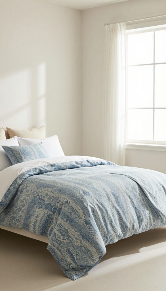 Bright bedroom with patterned blue bedding on a bed, neutral walls, natural light, minimal decor.