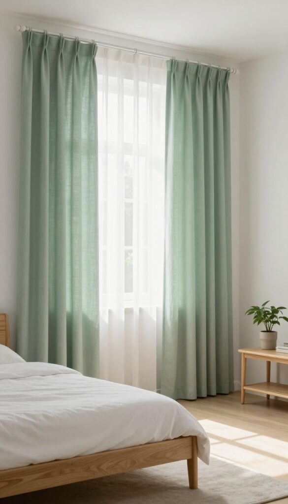 Bedroom with floor-length sage green linen curtains framing a window, white sheers underneath, neutral walls, wooden bed with white bedding, and a potted plant.
