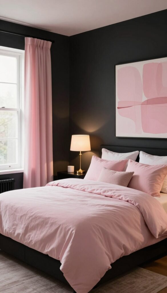 Bedroom with black accent wall behind bed, pink bedding, and warm lighting.