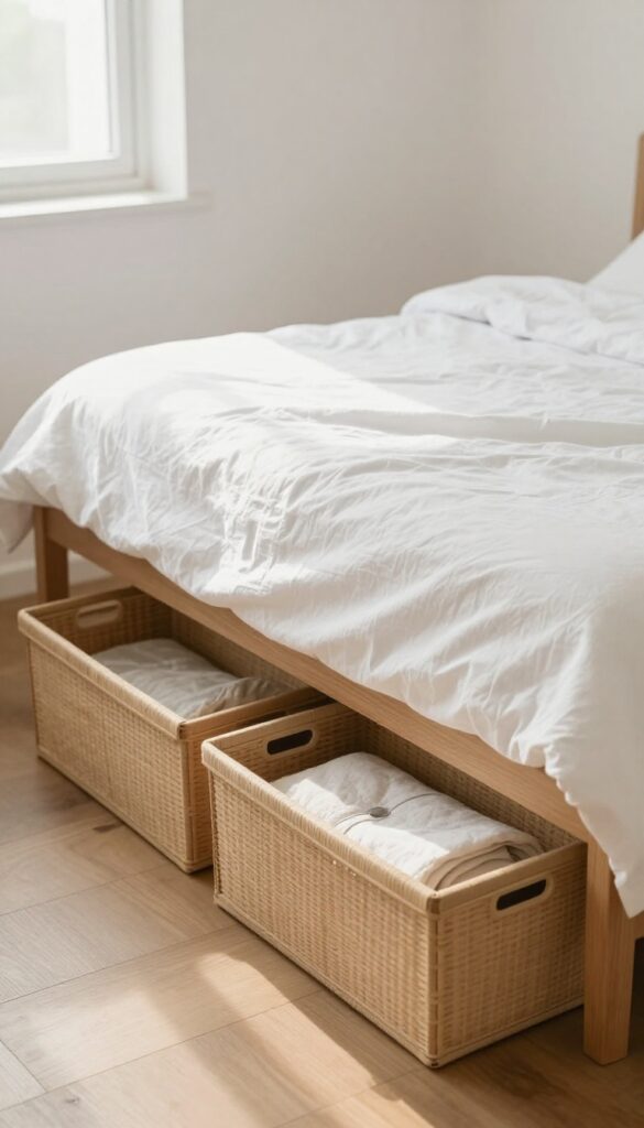 Under-bed storage baskets with lids in a cozy small bedroom