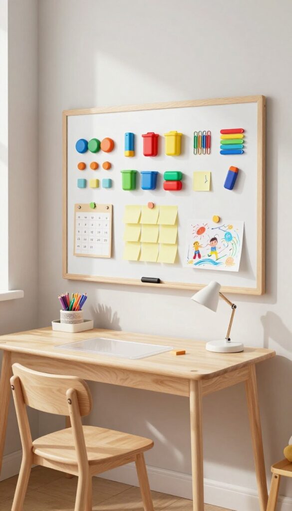 Kids desk area with magnetic wall board holding supplies and artwork, clutter-free desk surface