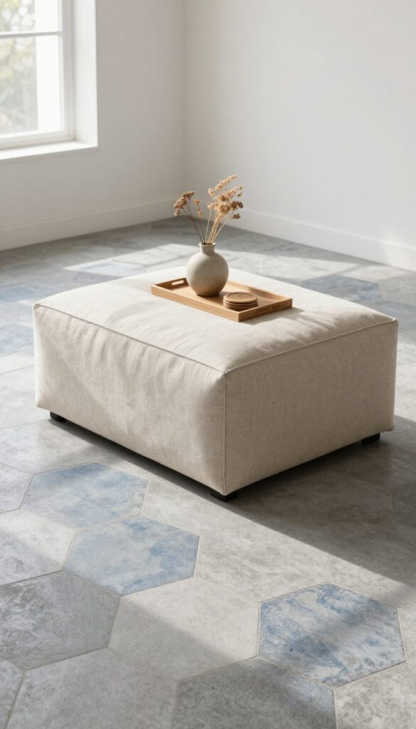 Hexagonal cement tile floor with a neutral storage ottoman in a bright, cozy living room.
