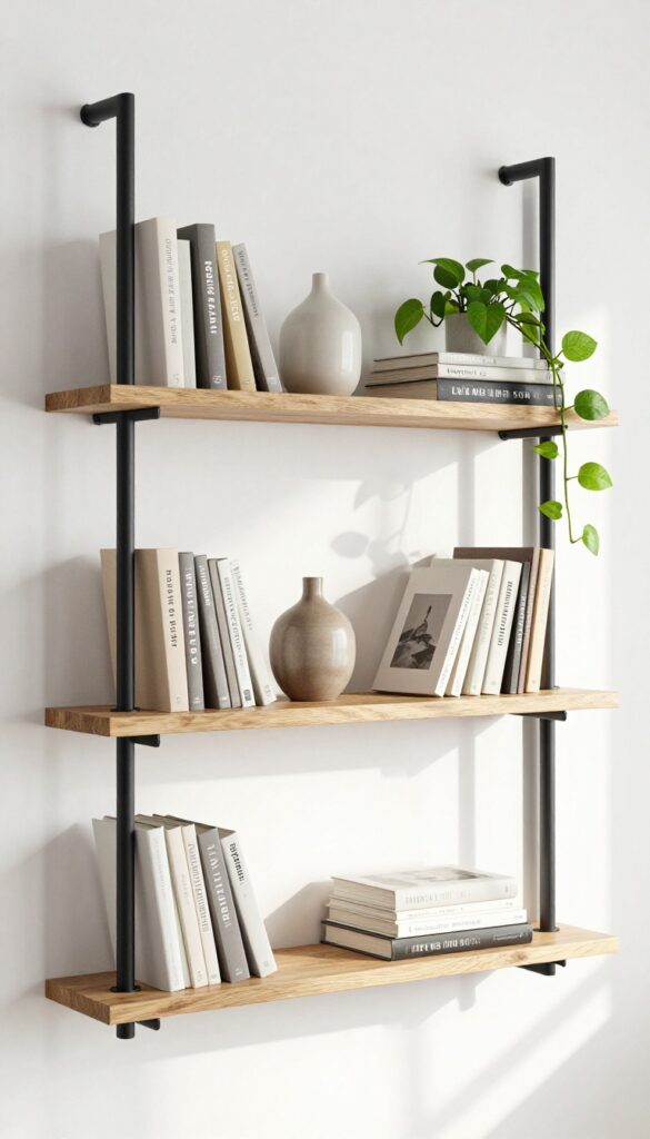 Rail and bracket shelf system with wooden shelves, books, a ceramic vase, and a trailing plant on a white wall in a small bedroom.