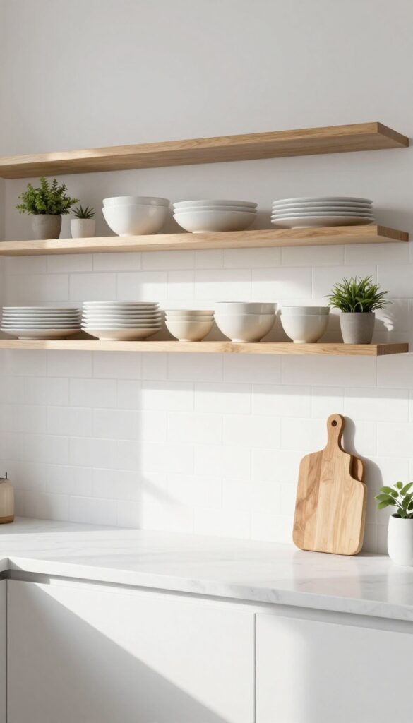 Open shelving in light wood tones in a bright kitchen with white dishes and a plant.