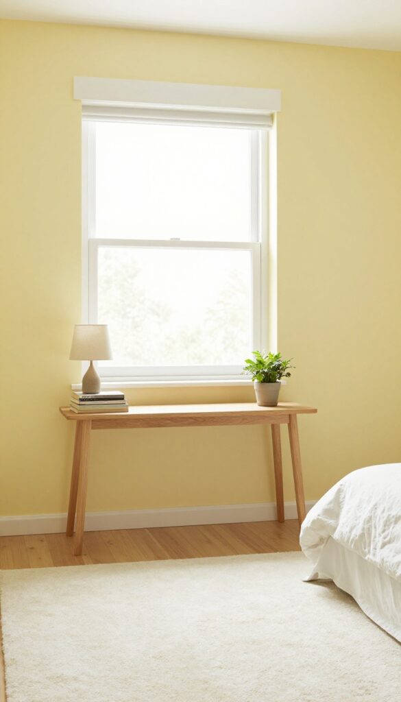 Small bedroom with butter yellow walls and a slim console table, bright natural light, clean and airy.