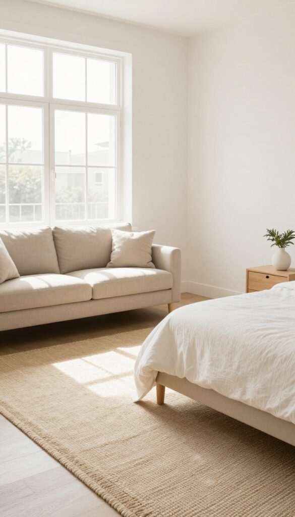 Small apartment living and sleeping zones defined by layered cream flatweave and beige shag rugs
