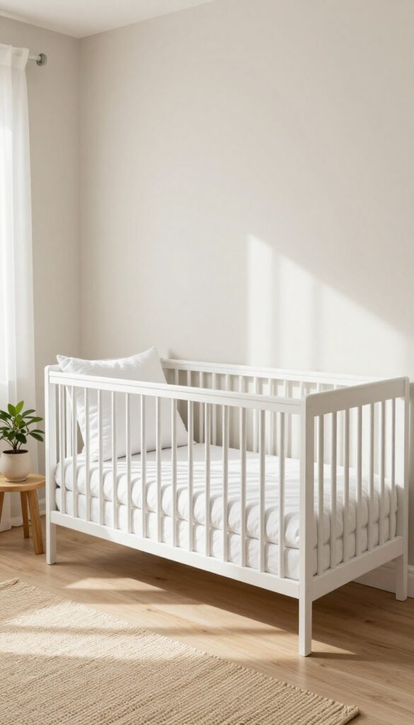Convertible crib styled as a daybed in a bright nursery-guest room with neutral decor and natural light.